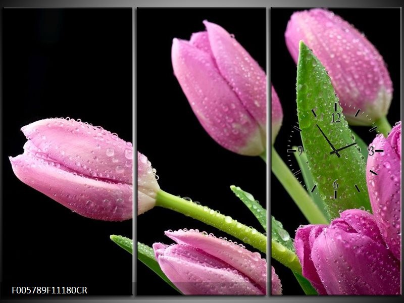 Klok schilderij Tulpen | Roze, Zwart, Groen | 111x80cm 3Luik