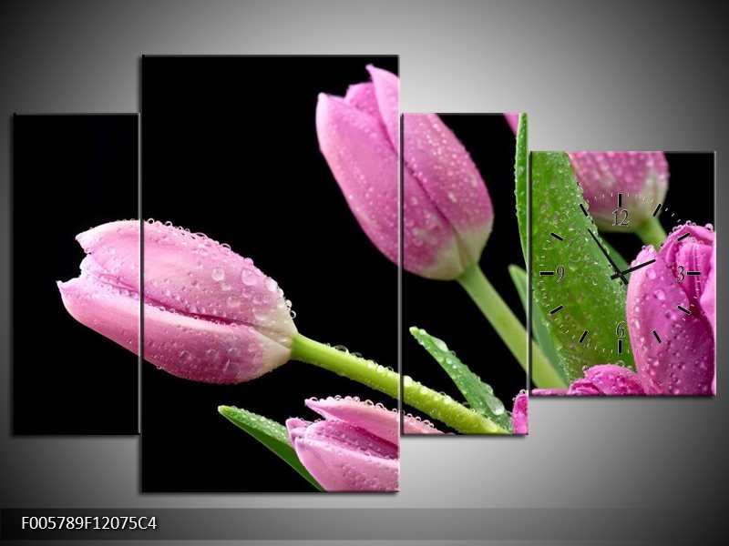 Klok schilderij Tulpen | Roze, Zwart, Groen | 120x75cm 4Luik