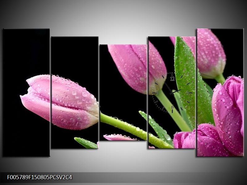 Klok schilderij Tulpen | Roze, Zwart, Groen | 150x80cm 5Luik