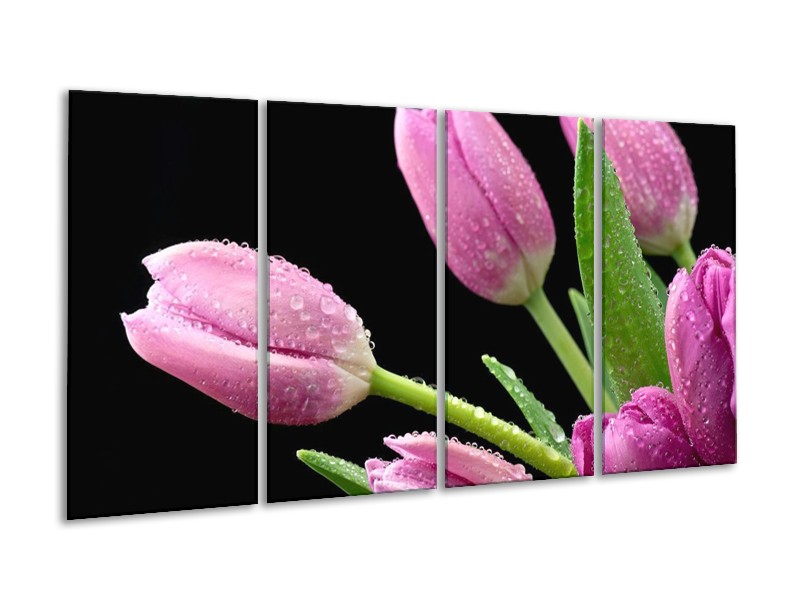 Canvas schilderij Tulpen | Roze, Zwart, Groen | 160x80cm 4Luik