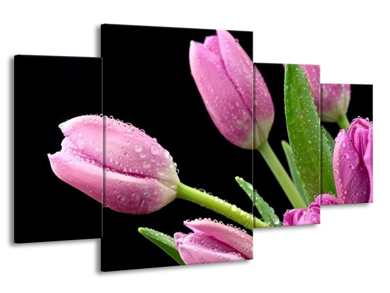 Canvas schilderij Tulpen | Roze, Zwart, Groen | 160x90cm 4Luik