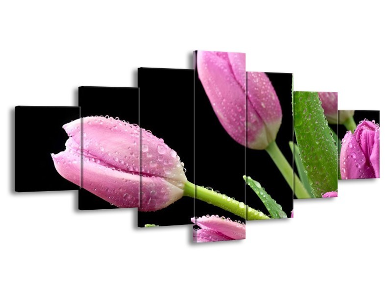Canvas schilderij Tulpen | Roze, Zwart, Groen | 210x100cm 7Luik