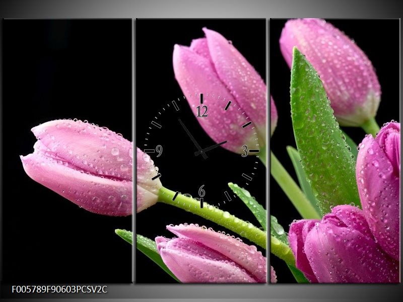 Klok schilderij Tulpen | Roze, Zwart, Groen | 90x60cm 3Luik