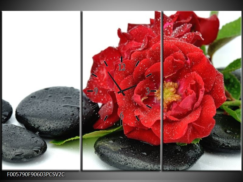 Klok schilderij Roos | Rood, Zwart, Wit | 90x60cm 3Luik