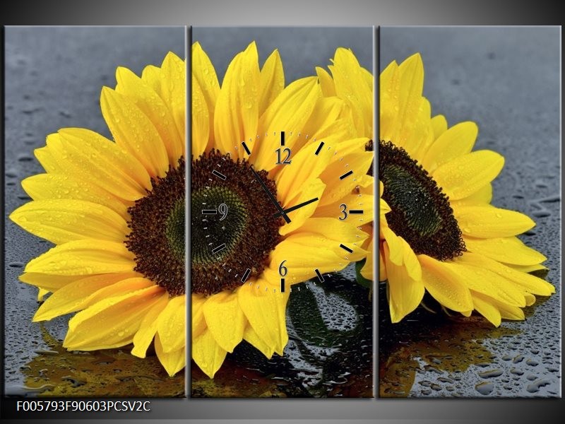 Klok schilderij Zonnebloem | Geel, Zwart | 90x60cm 3Luik
