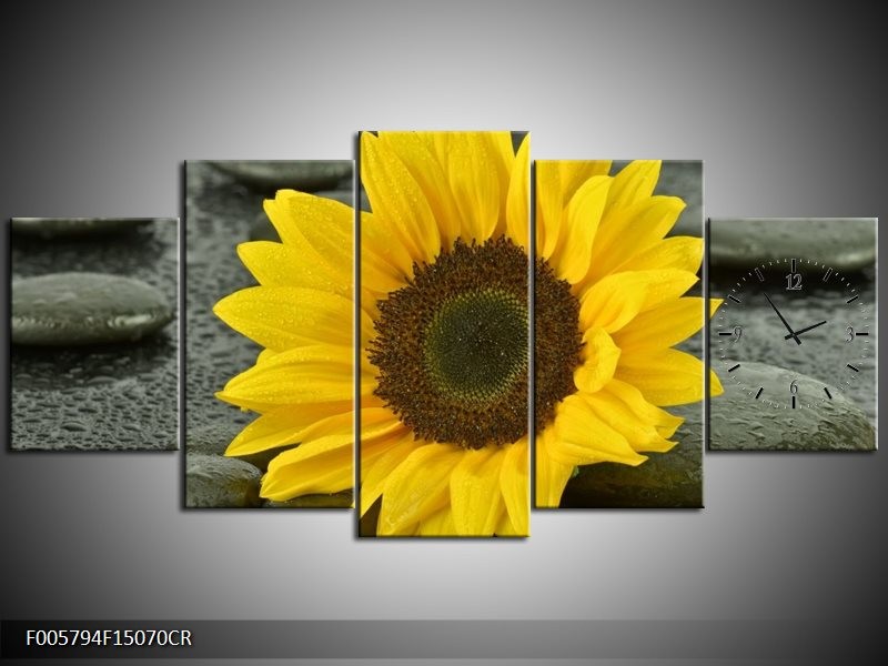 Klok schilderij Zonnebloem | Geel, Zwart | 150x70cm 5Luik