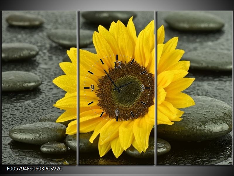 Klok schilderij Zonnebloem | Geel, Zwart | 90x60cm 3Luik
