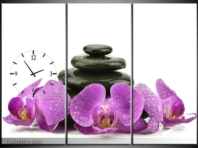 Klok schilderij Orchidee | Paars, Zwart, Wit | 111x80cm 3Luik