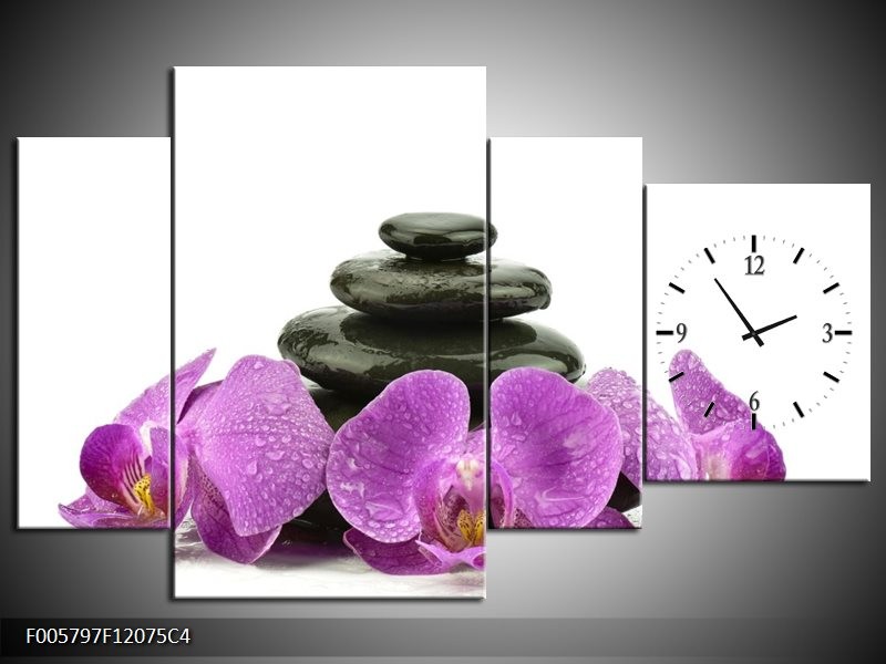 Klok schilderij Orchidee | Paars, Zwart, Wit | 120x75cm 4Luik