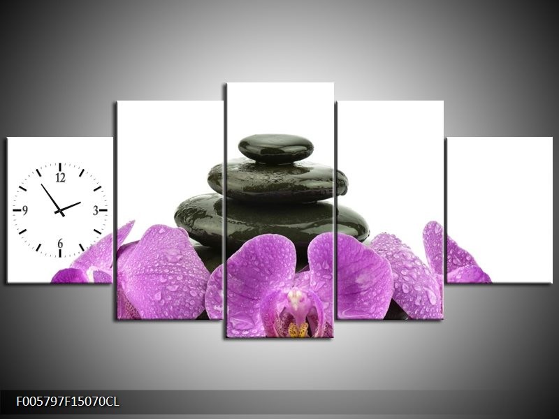 Klok schilderij Orchidee | Paars, Zwart, Wit | 150x70cm 5Luik