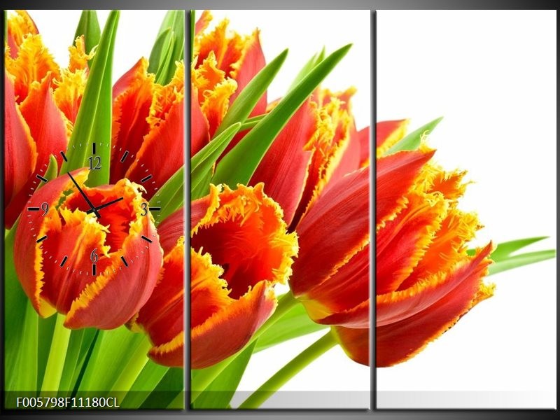 Klok schilderij Tulpen | Oranje, Groen, Wit | 111x80cm 3Luik