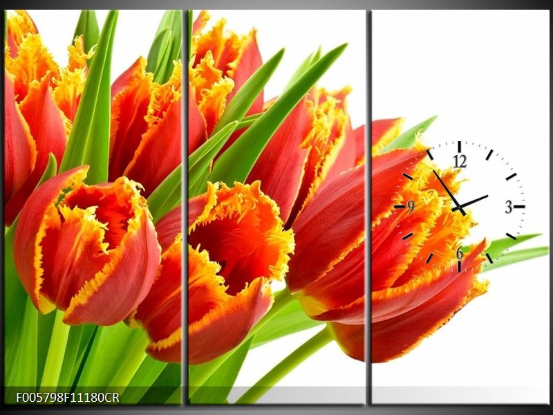 Klok schilderij Tulpen | Oranje, Groen, Wit | 111x80cm 3Luik