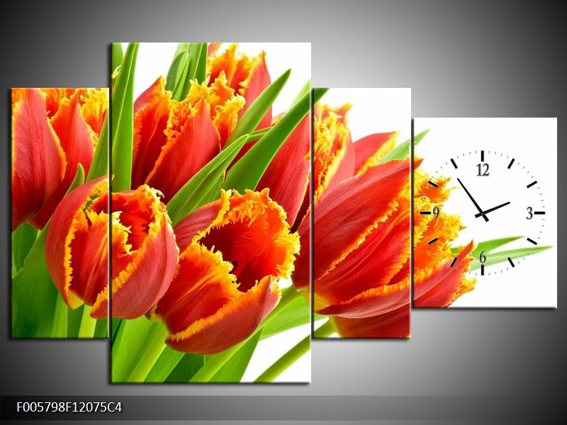Klok schilderij Tulpen | Oranje, Groen, Wit | 120x75cm 4Luik