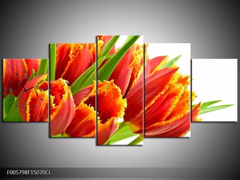 Klok schilderij Tulpen | Oranje, Groen, Wit | 150x70cm 5Luik