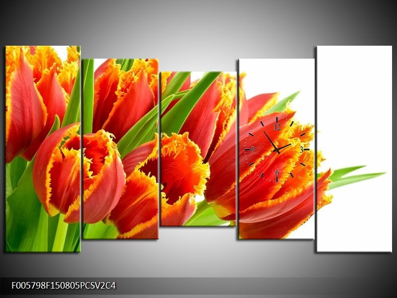 Klok schilderij Tulpen | Oranje, Groen, Wit | 150x80cm 5Luik