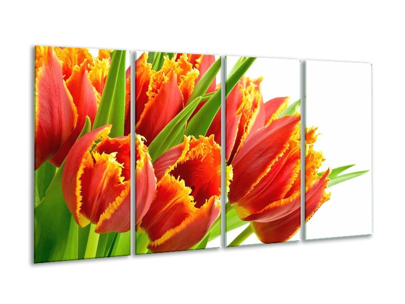 Canvas schilderij Tulpen | Oranje, Groen, Wit | 160x80cm 4Luik