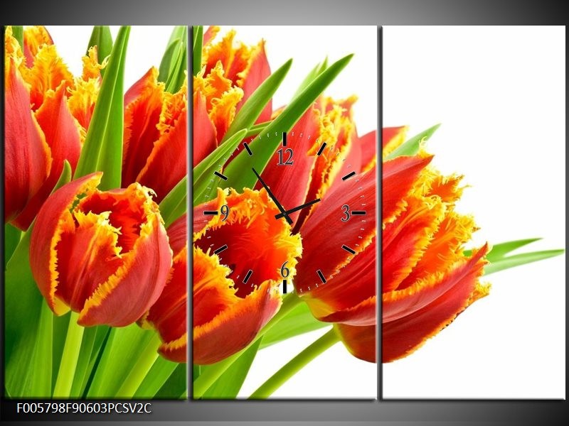 Klok schilderij Tulpen | Oranje, Groen, Wit | 90x60cm 3Luik