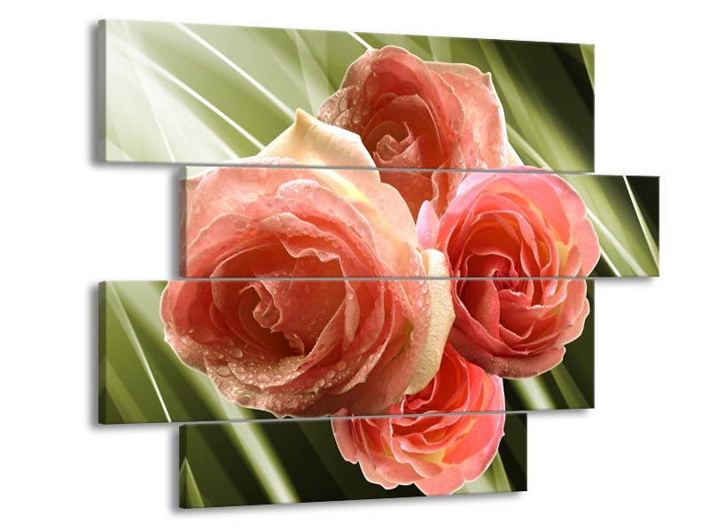 Canvas schilderij Roos | Roze, Groen | 115x85cm 4Luik