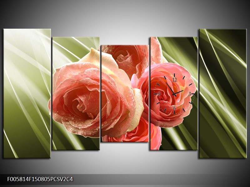 Klok schilderij Roos | Roze, Groen | 150x80cm 5Luik