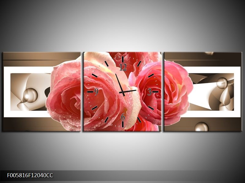 Klok schilderij Roos | Sepia, Roze | 120x40cm 3Luik