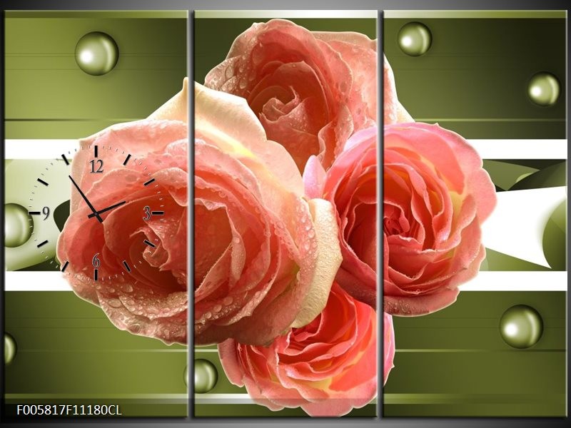 Klok schilderij Roos | Groen, Roze | 111x80cm 3Luik