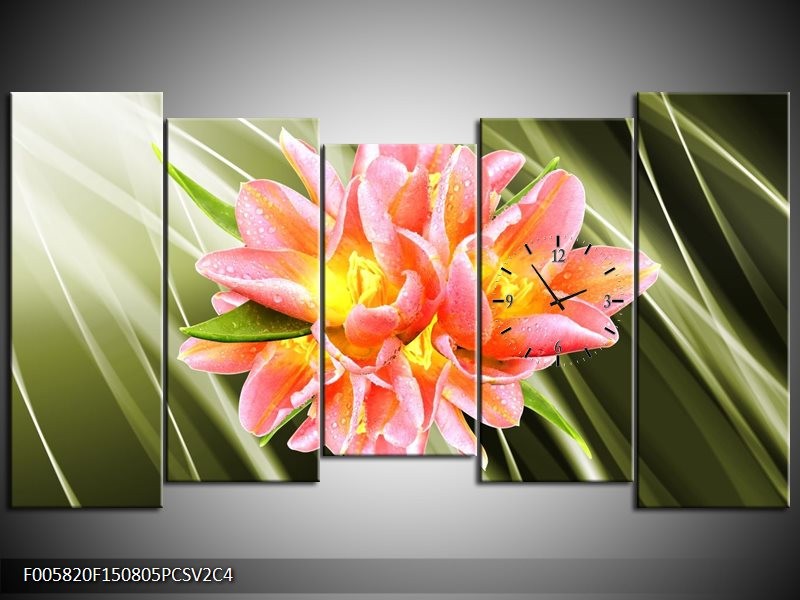 Klok schilderij Modern | Groen, Roze, Geel | 150x80cm 5Luik