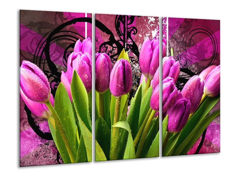 Glas schilderij Tulpen | Paars, Groen, Roze | 120x80cm 3Luik