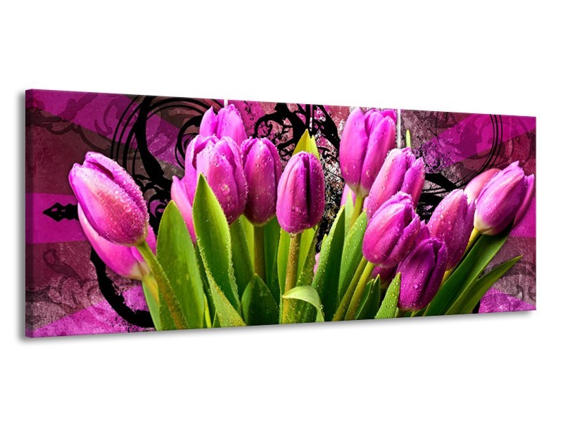 Glas schilderij Tulpen | Paars, Groen, Roze | 145x58cm 1Luik