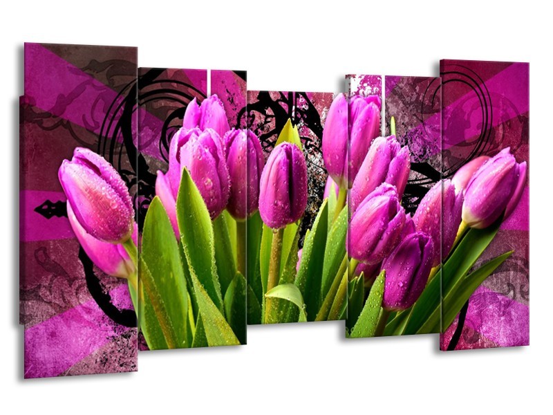 Canvas schilderij Tulpen | Paars, Groen, Roze | 150x80cm 5Luik