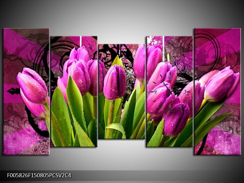 Klok schilderij Tulpen | Paars, Groen, Roze | 150x80cm 5Luik