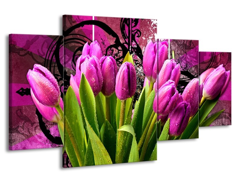 Canvas schilderij Tulpen | Paars, Groen, Roze | 160x90cm 4Luik