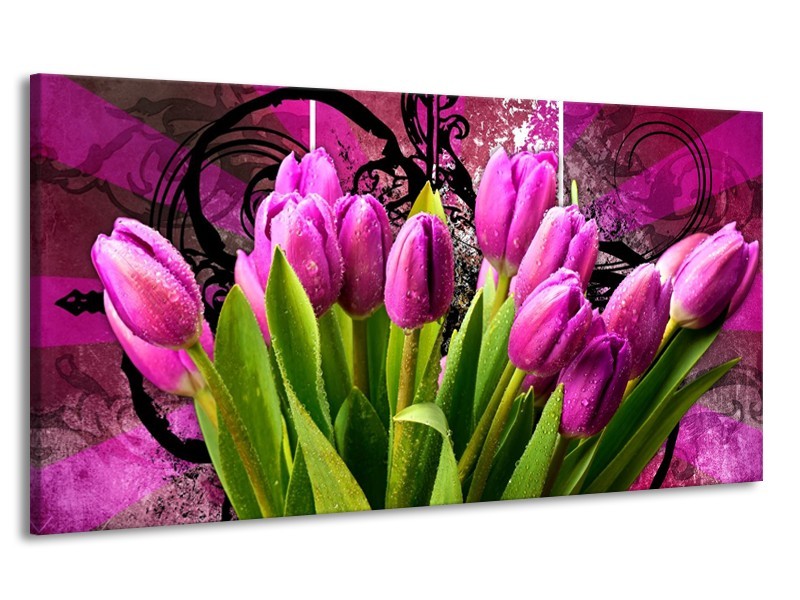 Canvas schilderij Tulpen | Paars, Groen, Roze | 170x90cm 1Luik