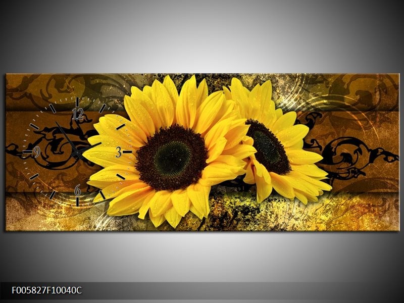 Klok schilderij Zonnebloem | Geel, Bruin, Goud | 100x40cm 1Luik