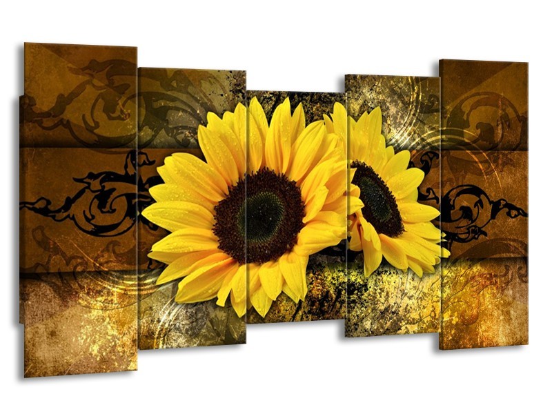 Canvas schilderij Zonnebloem | Geel, Bruin, Goud | 150x80cm 5Luik