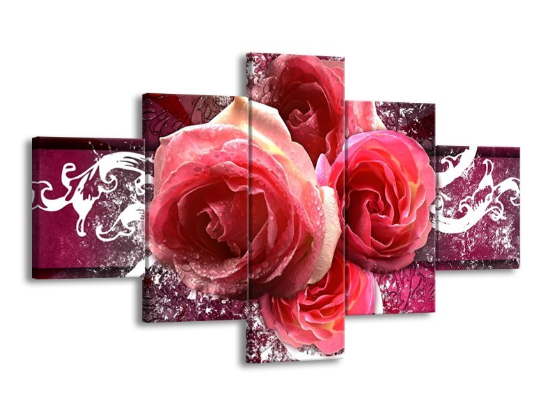 Canvas schilderij Roos | Roze, Paars, Wit | 125x70cm 5Luik