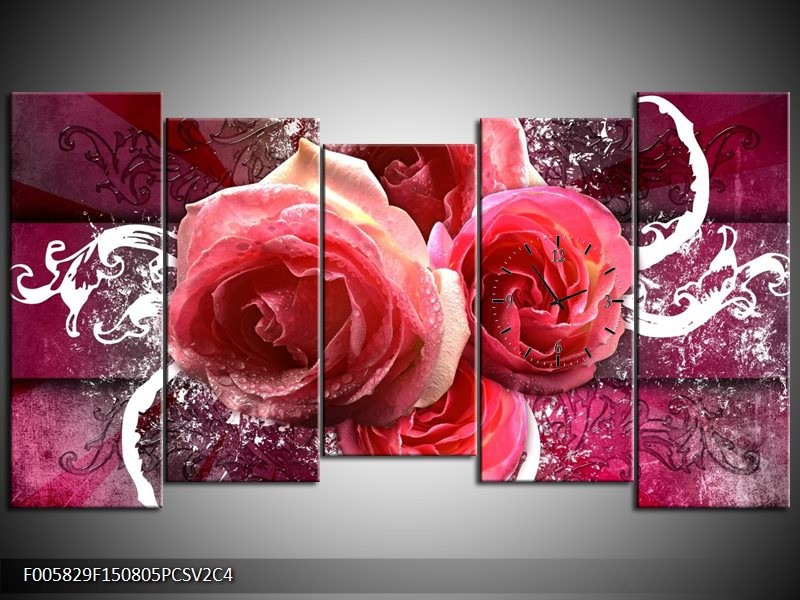 Klok schilderij Roos | Roze, Paars, Wit | 150x80cm 5Luik