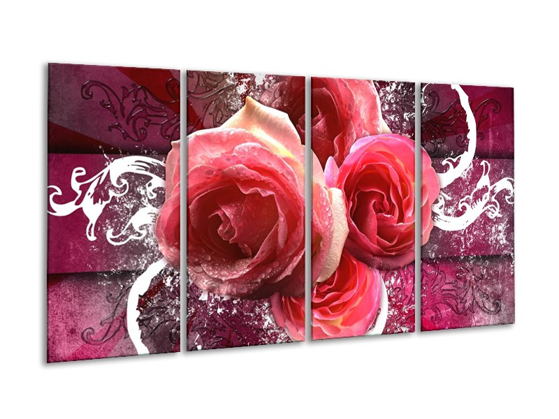 Canvas schilderij Roos | Roze, Paars, Wit | 160x80cm 4Luik