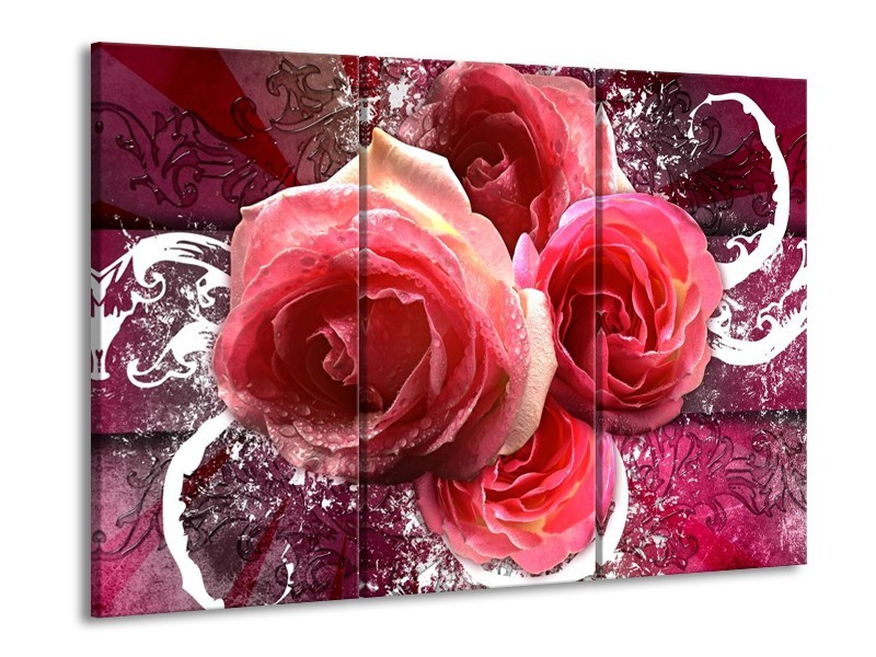 Canvas schilderij Roos | Roze, Paars, Wit | 90x60cm 3Luik