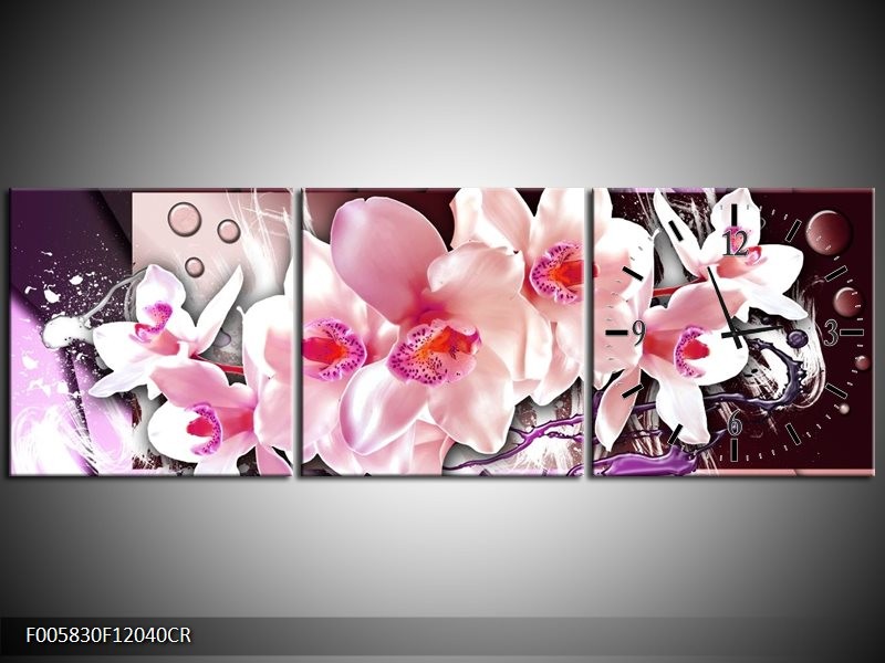 Klok schilderij Orchidee | Paars, Roze, Wit | 120x40cm 3Luik