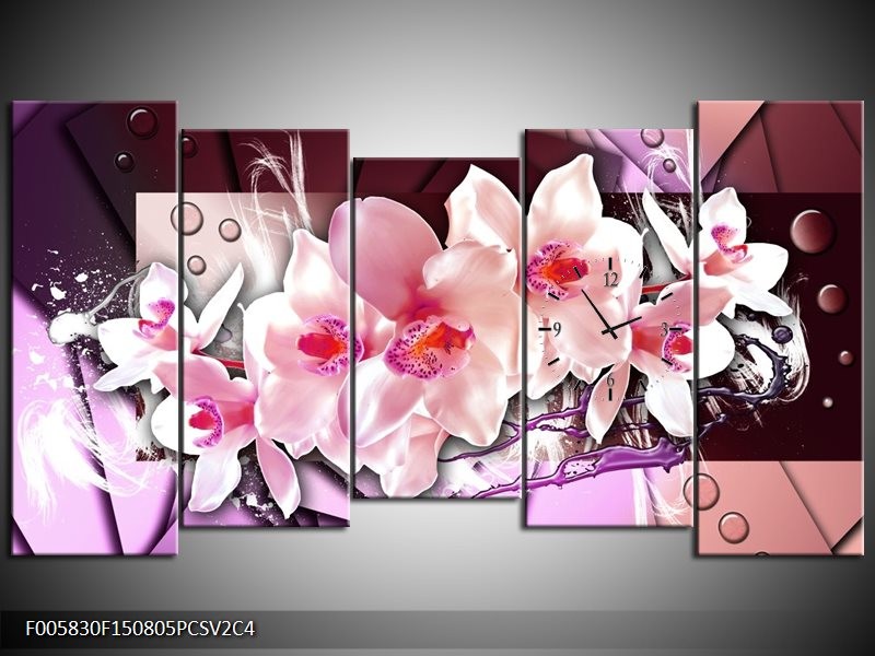 Klok schilderij Orchidee | Paars, Roze, Wit | 150x80cm 5Luik