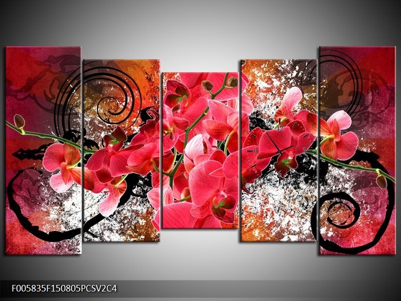 Klok schilderij Orchidee | Roze, Rood, | 150x80cm 5Luik