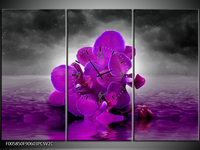 Klok schilderij Orchidee | Paars, Grijs | 90x60cm 3Luik