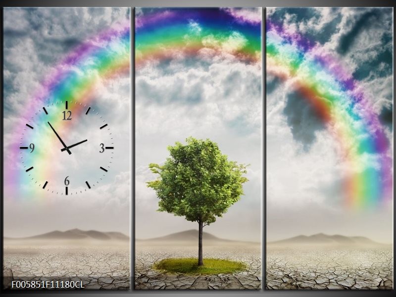 Klok schilderij Boom | Groen, Grijs, Paars | 111x80cm 3Luik