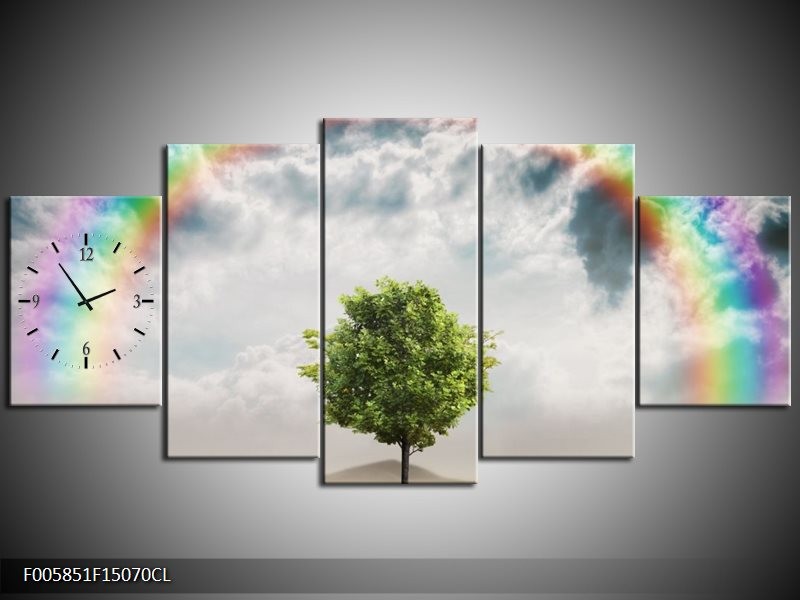Klok schilderij Boom | Groen, Grijs, Paars | 150x70cm 5Luik