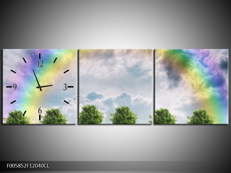 Klok schilderij Bomen | Groen, Grijs, Paars | 120x40cm 3Luik