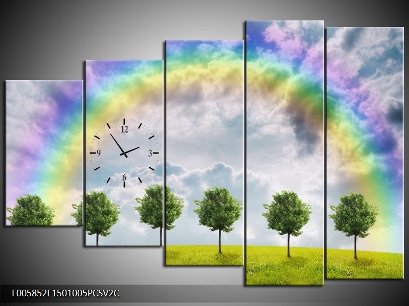 Klok schilderij Bomen | Groen, Grijs, Paars | 150x100cm 5Luik