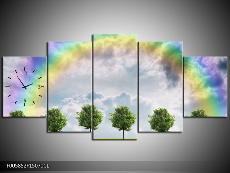 Klok schilderij Bomen | Groen, Grijs, Paars | 150x70cm 5Luik