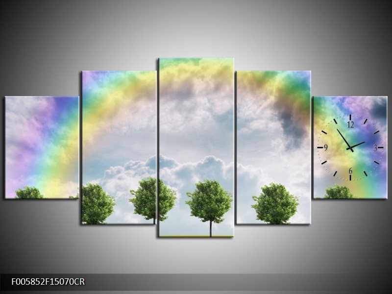 Klok schilderij Bomen | Groen, Grijs, Paars | 150x70cm 5Luik