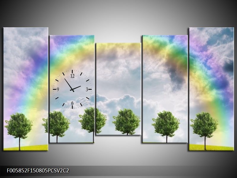 Klok schilderij Bomen | Groen, Grijs, Paars | 150x80cm 5Luik