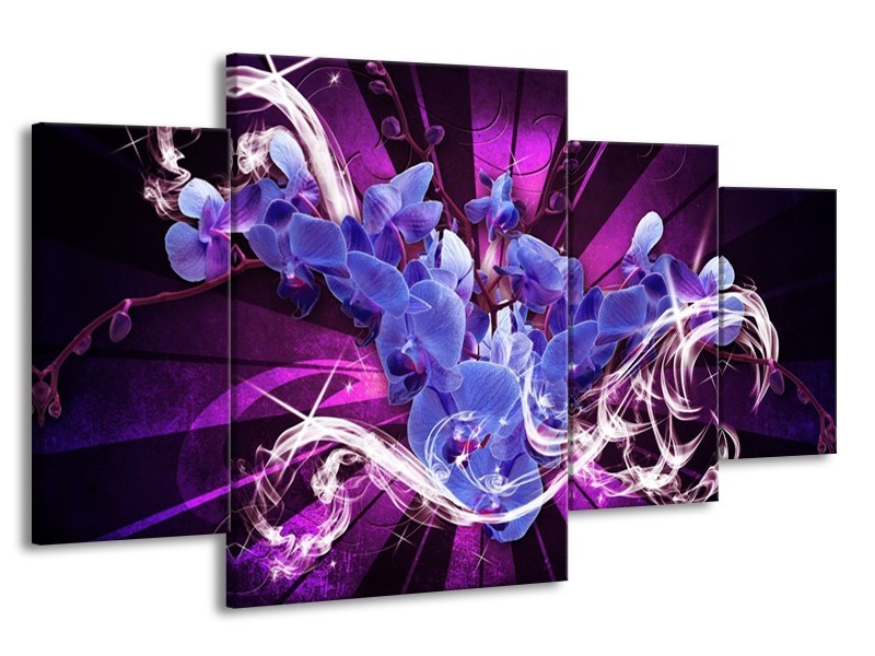 Canvas schilderij Orchidee | Blauw, Paars | 160x90cm 4Luik